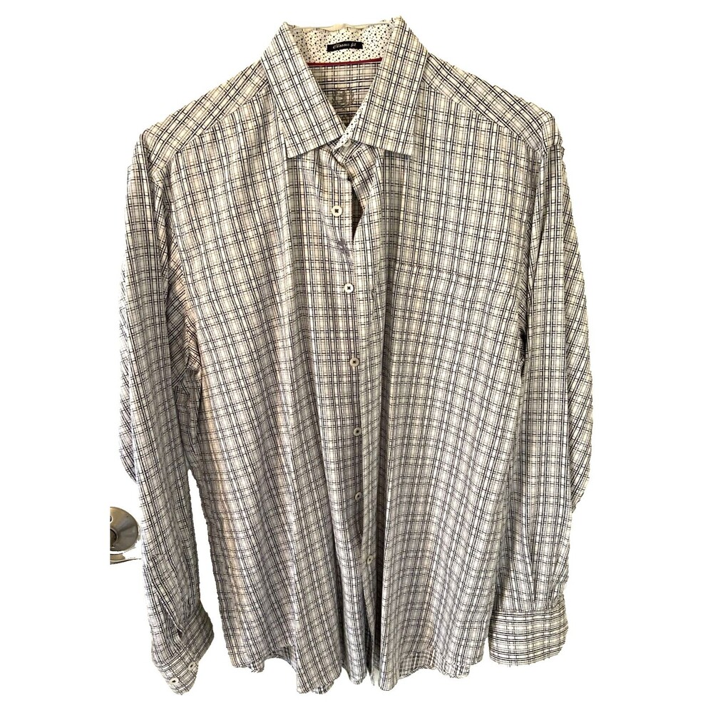 Bugatchi Classic Mens Long Sleeve Button Down Shirt White Black, Flip Cuff,  XL